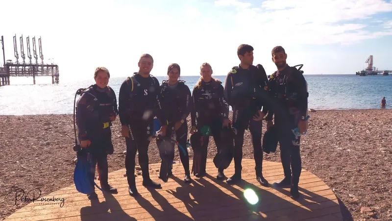 Groupe de plongeurs en combinaison sur une plage ensoleillée