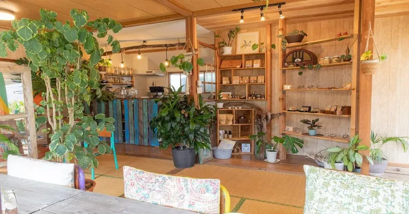 Intérieur d'une boutique avec plantes, étagères en bois et sol en tatami