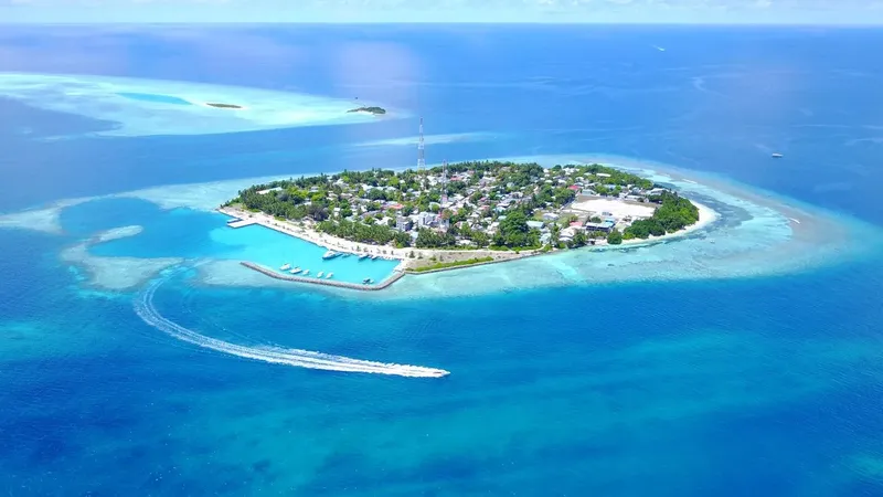 Vue aérienne d'une île tropicale avec un port de plaisance et végétation