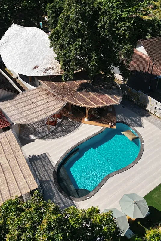 Piscine extérieure avec structure en bois et végétation luxuriante