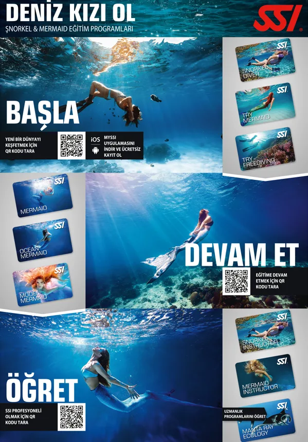 Plongeuse et sirène évoluent dans une eau turquoise, formations SSI