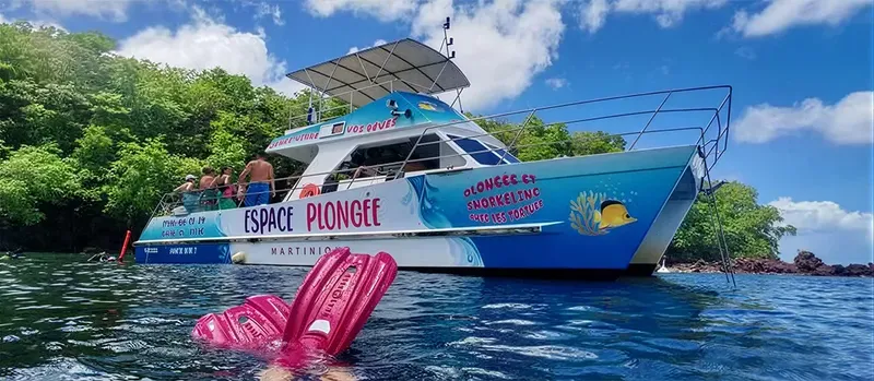 Catamaran de plongée bleu et blanc avec des personnes à bord