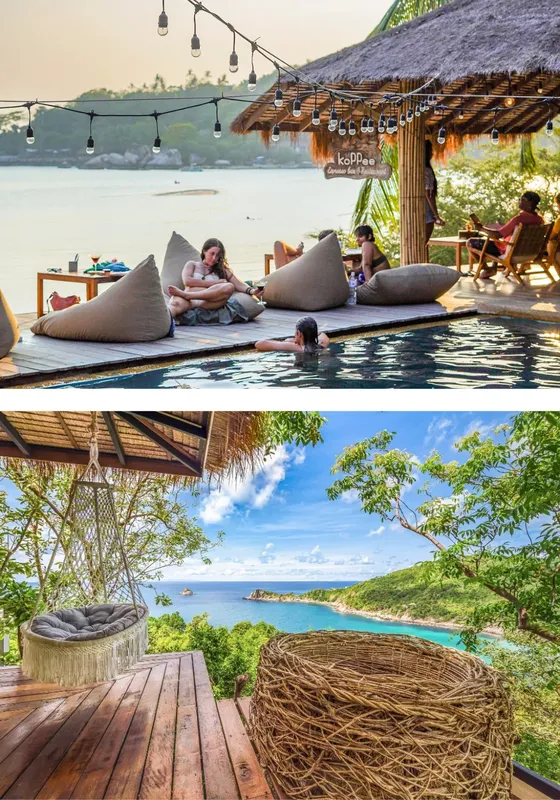 Terrasse avec piscine, personnes se relaxent, vue sur la mer et bateaux