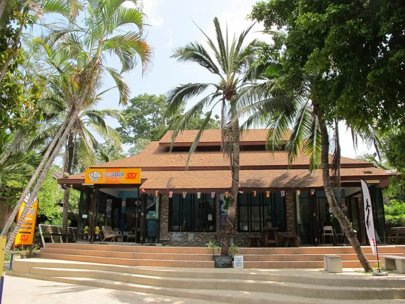 Façade d'un centre de plongée avec palmiers et enseignes visibles