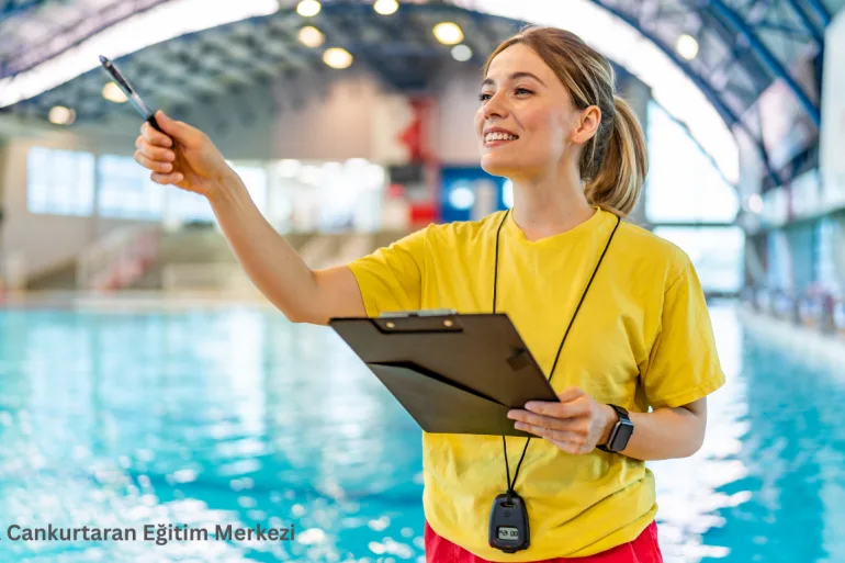 Instructrice souriante pointant du doigt une direction dans une piscine