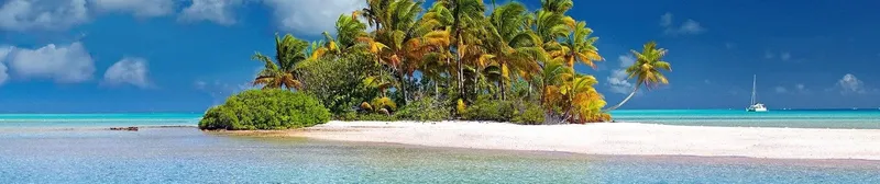 Île tropicale avec végétation luxuriante, sable blanc et bateau à l'horizon