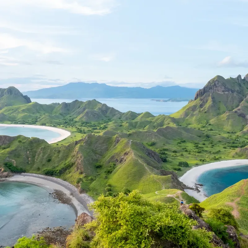 Vue aérienne d'une côte avec des plages, des collines verdoyantes et des personnes