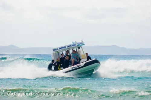 Un bateau semi-rigide navigue sur une mer agitée avec des passagers