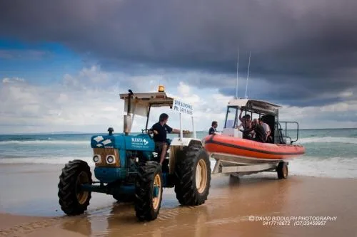Tracteur bleu remorquant un bateau de plongée sur une plage sableuse