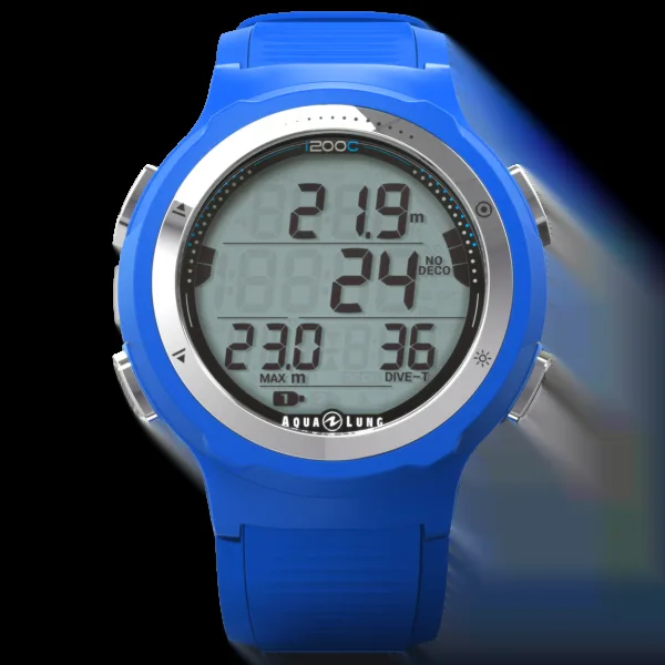 Montre de plongée bleue avec écran digital affichant des informations