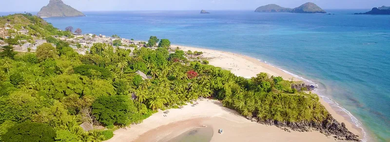 Vue aérienne d'une plage tropicale avec végétation luxuriante et mer turquoise