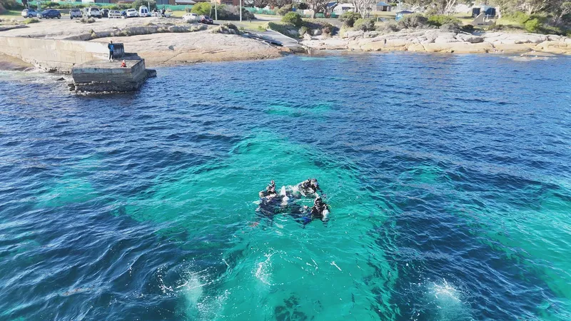 Groupe de plongeurs préparant leur immersion en surface, eau turquoise
