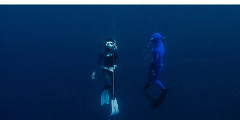 Deux apnéistes en combinaison plongent verticalement dans l'eau bleue