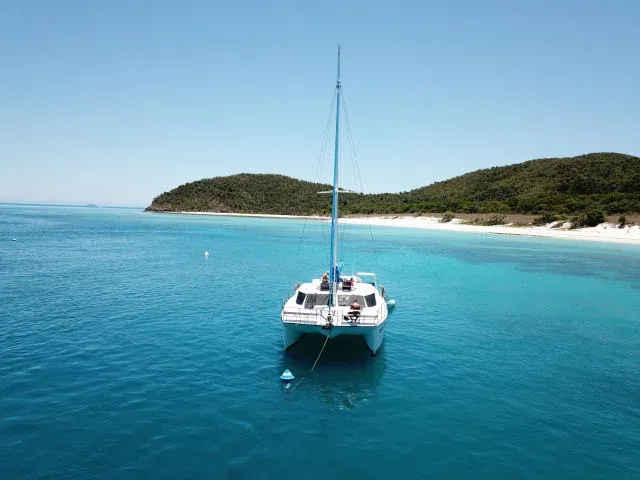 Catamaran blanc naviguant sur une mer turquoise près d'une île