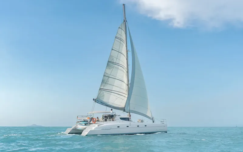 Catamaran blanc navigue sur une mer bleue sous un ciel clair