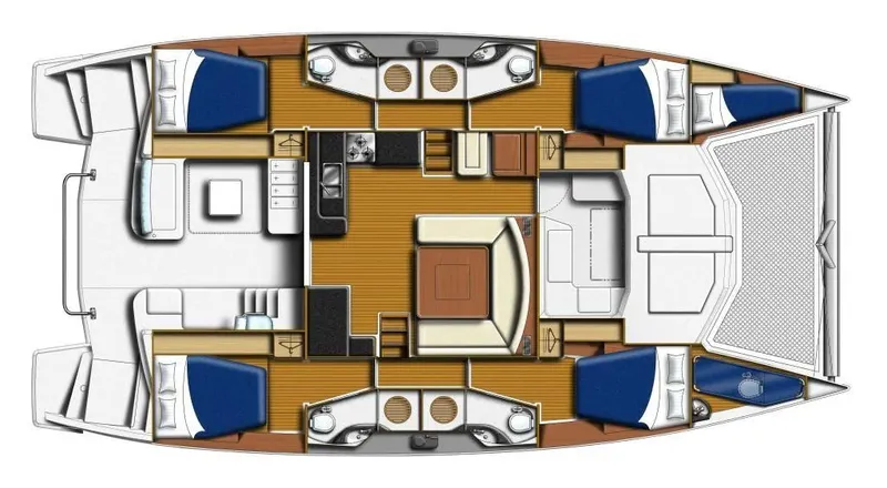 Plan en vue de dessus d'un catamaran avec ses aménagements intérieurs