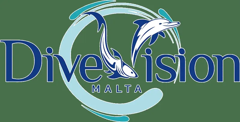 Logo avec des dauphins sautant dans un cercle bleu et texte