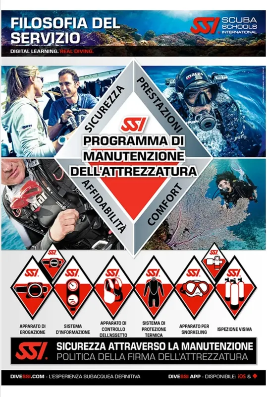 Affiche promotionnelle SSI avec plongeurs équipés et informations sur la maintenance