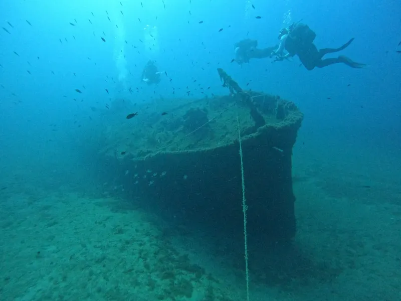 Deux plongeurs explorent une épave colonisée par la vie marine