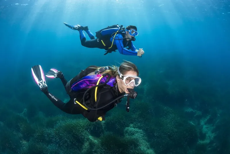 Deux plongeurs explorent les fonds marins, lumière bleue, visibilité claire