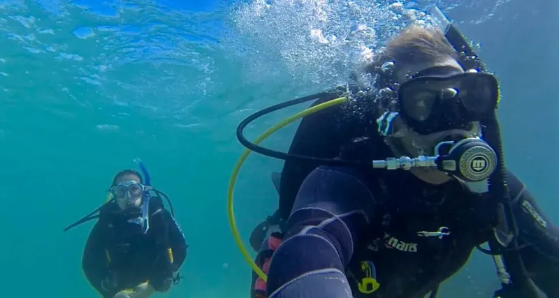 Deux plongeurs en combinaison explorent les fonds marins, vue rapprochée