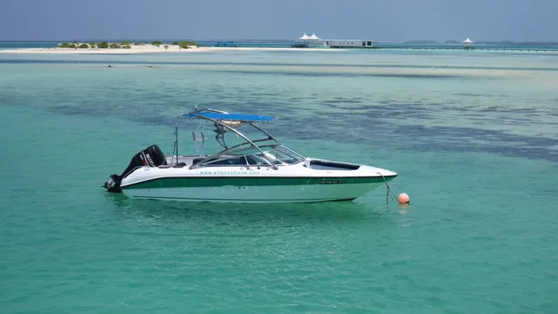 Bateau de plongée blanc et vert sur une eau turquoise claire