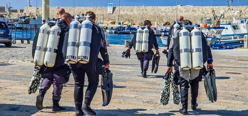 Plongeurs marchant avec leur équipement sur un quai ensoleillé