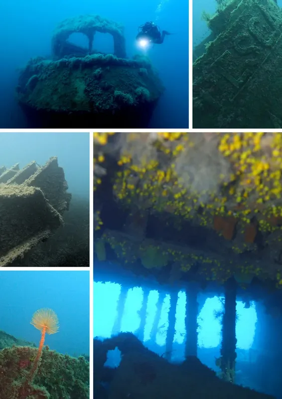 Épave sous-marine avec un plongeur explorant les structures métalliques