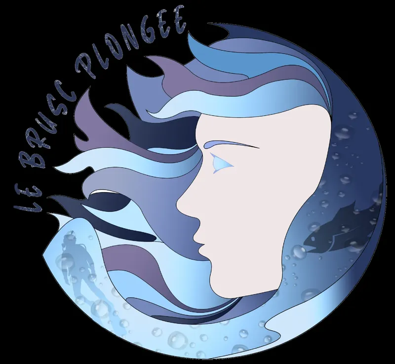 Illustration d'un plongeur avec un casque, bulles et texte 'Le Brus Plongee'