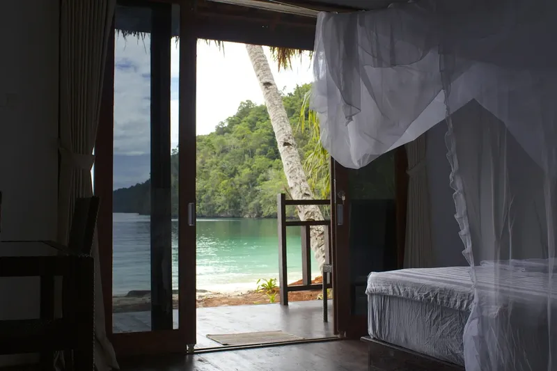 Vue sur mer depuis une chambre avec moustiquaire et végétation