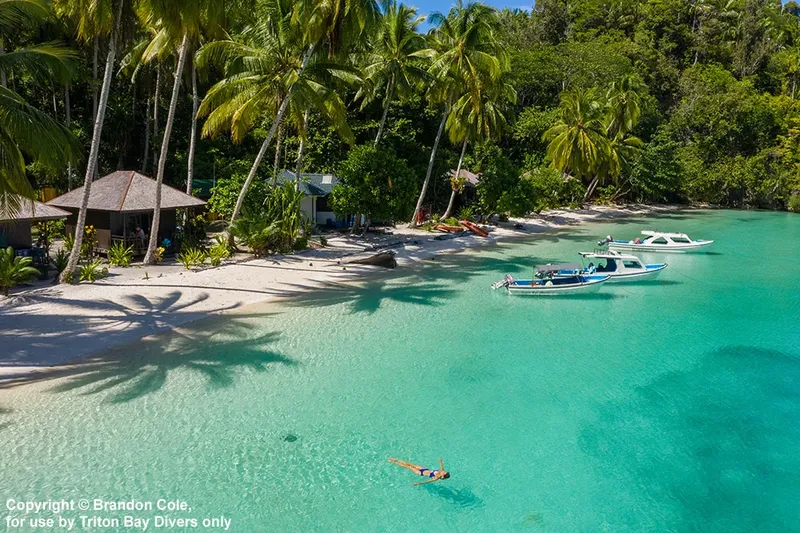Plage tropicale avec bateaux, bâtiments et une personne nageant dans l'eau turquoise