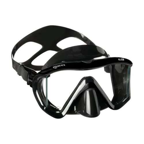Masque de plongée noir Mares, vue de face sur fond blanc