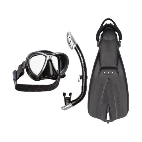 Masque, tuba et palmes de plongée noirs sur fond blanc