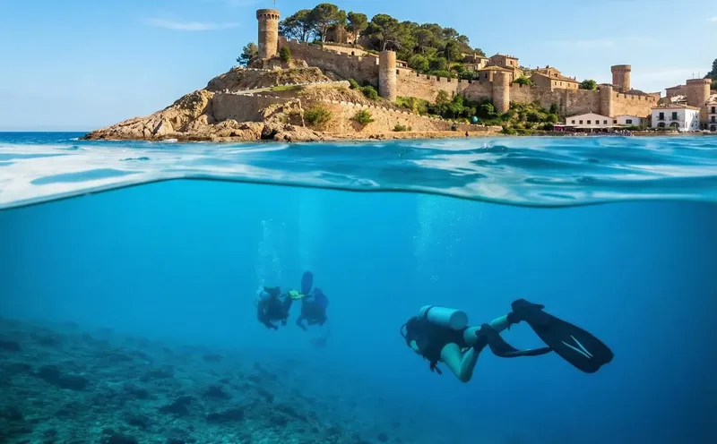 Deux plongeurs explorent les fonds marins devant un château rocheux