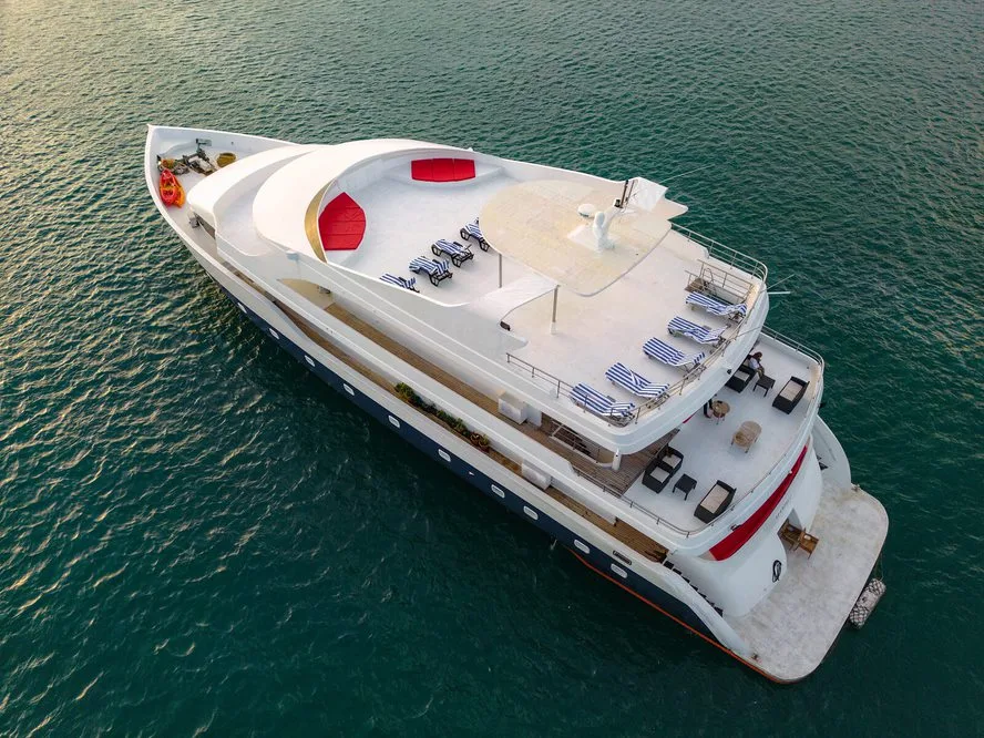 Vue aérienne d'un grand bateau de plongée blanc et bleu sur mer
