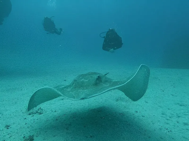 Raie manta et deux plongeurs évoluent dans une eau turquoise claire
