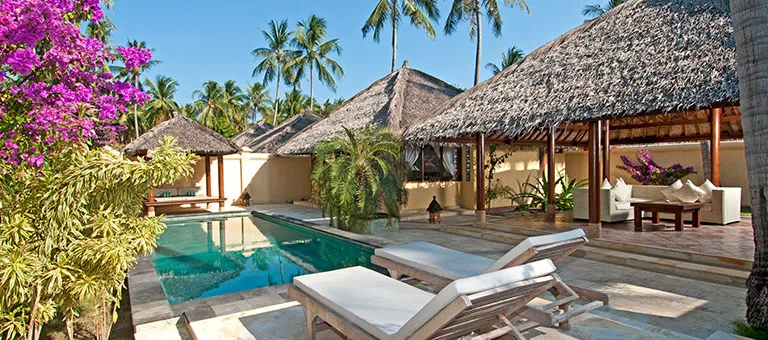 Piscine et bâtiments avec toits de chaume dans un cadre tropical
