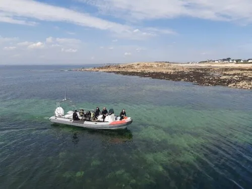 Un bateau semi-rigide transporte des plongeurs en mer, paysage côtier