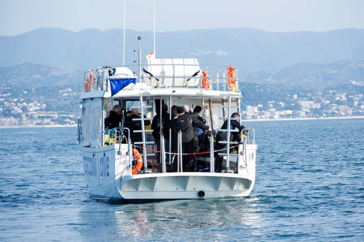 Plongeurs s'équipent sur un bateau en mer, paysage côtier en arrière-plan