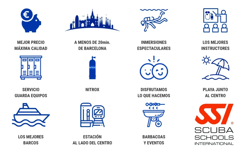 Illustrations vectorielles sur fond bleu, services et avantages d'un centre de plongée
