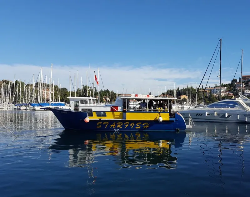 Bateau de plongée jaune et bleu amarré dans un port ensoleillé