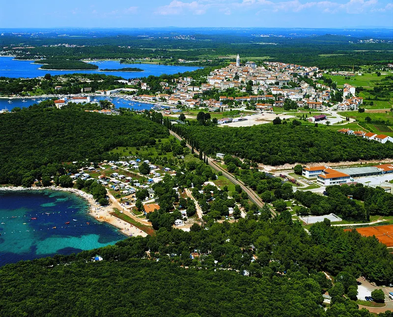 Vue aérienne d'une côte avec des bateaux, une ville et végétation