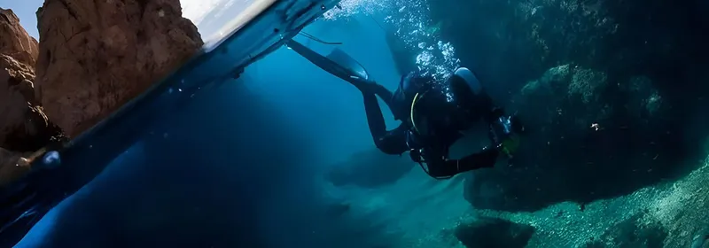Plongeur en exploration sous-marine, nageant près d'une paroi rocheuse