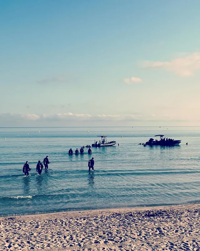 Groupe de plongeurs entrant dans l'eau depuis une plage
