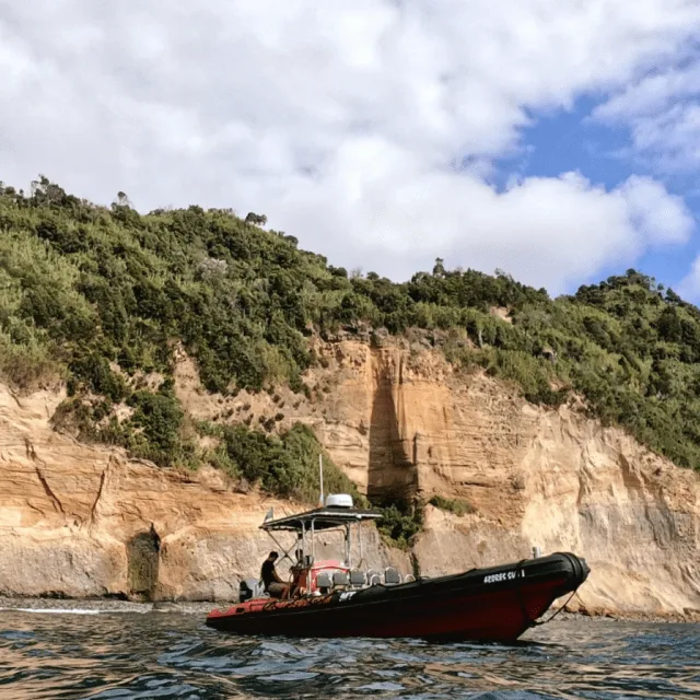 Bateau pneumatique avec passagers naviguant devant une falaise verdoyante