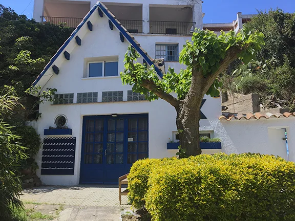 Façade d'un bâtiment blanc et bleu avec végétation luxuriante devant