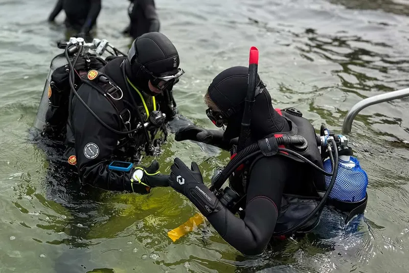 Deux plongeurs en combinaison discutent à la surface de l'eau