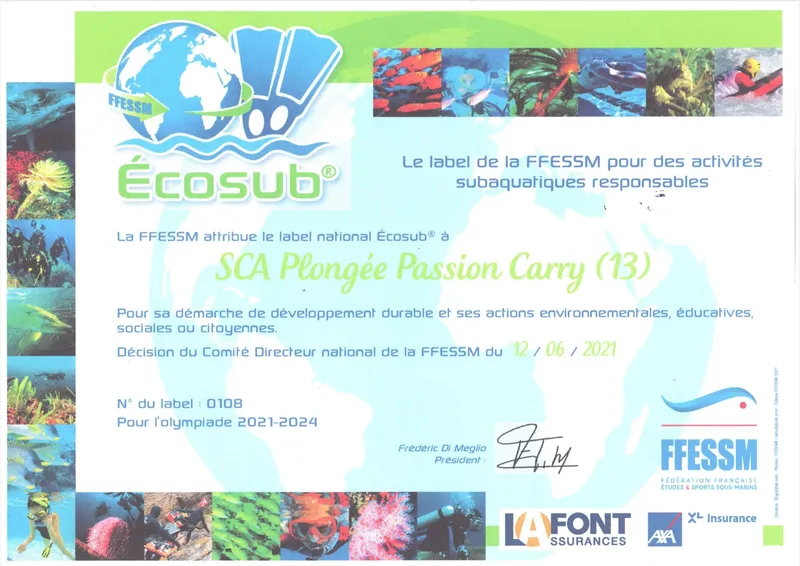 Certificat Écosub de la FFESSM attribué à un centre de plongée