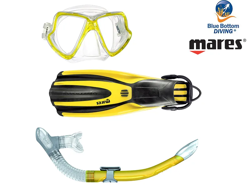Masque, tuba et palmes de plongée de la marque Mares sur fond blanc