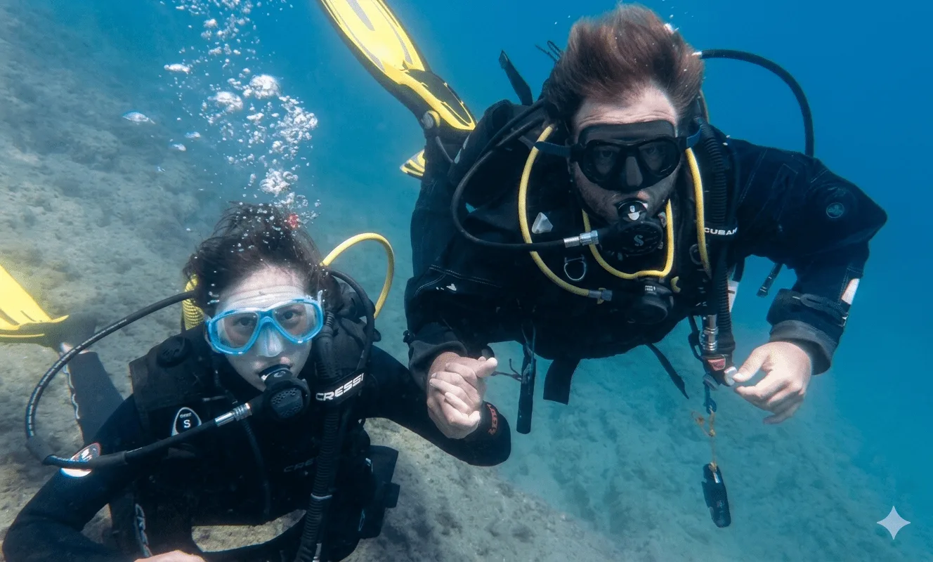 Deux plongeurs souriants, équipés, pointent vers l'avant dans l'eau bleue